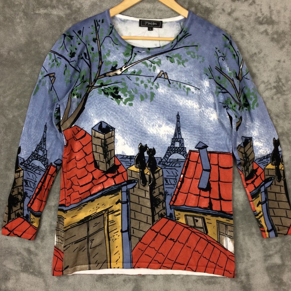 MinKas Paris Eiffel Tower Cat Print Knit Sweater Blue Red Womens Large L